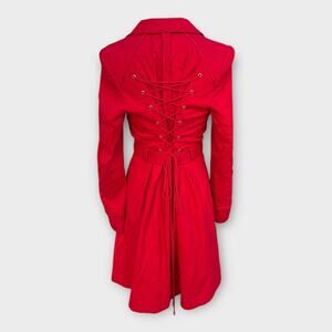 Elevenses Pansy Red Corset Back Lace Up Pleated Belted Trench Coat Women's sz 12